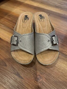 NWOB GC Shoes “Justina” Slide Sandals with Buckle Detail - Silver/sparkly pewter